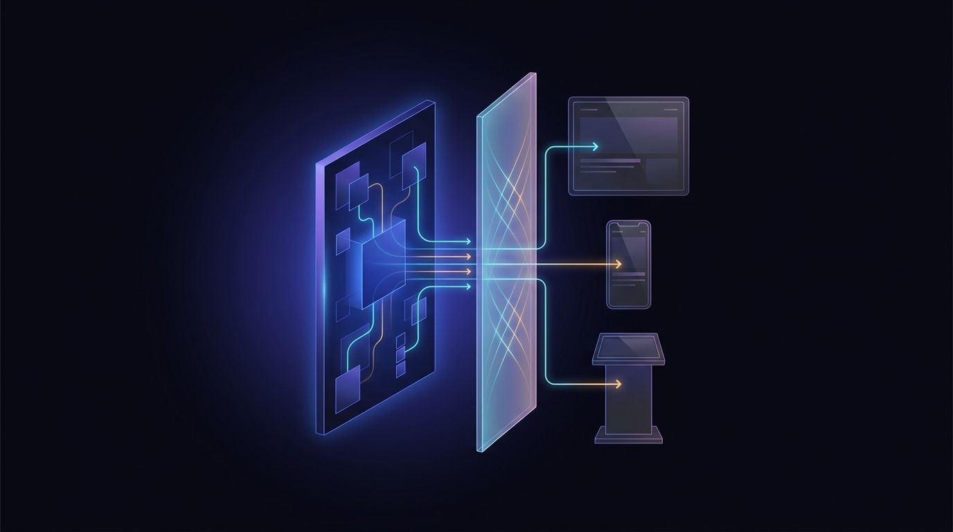 Abstract illustration of a content core decoupled from multiple presentation surfaces fed through an API layer, representing headless architecture