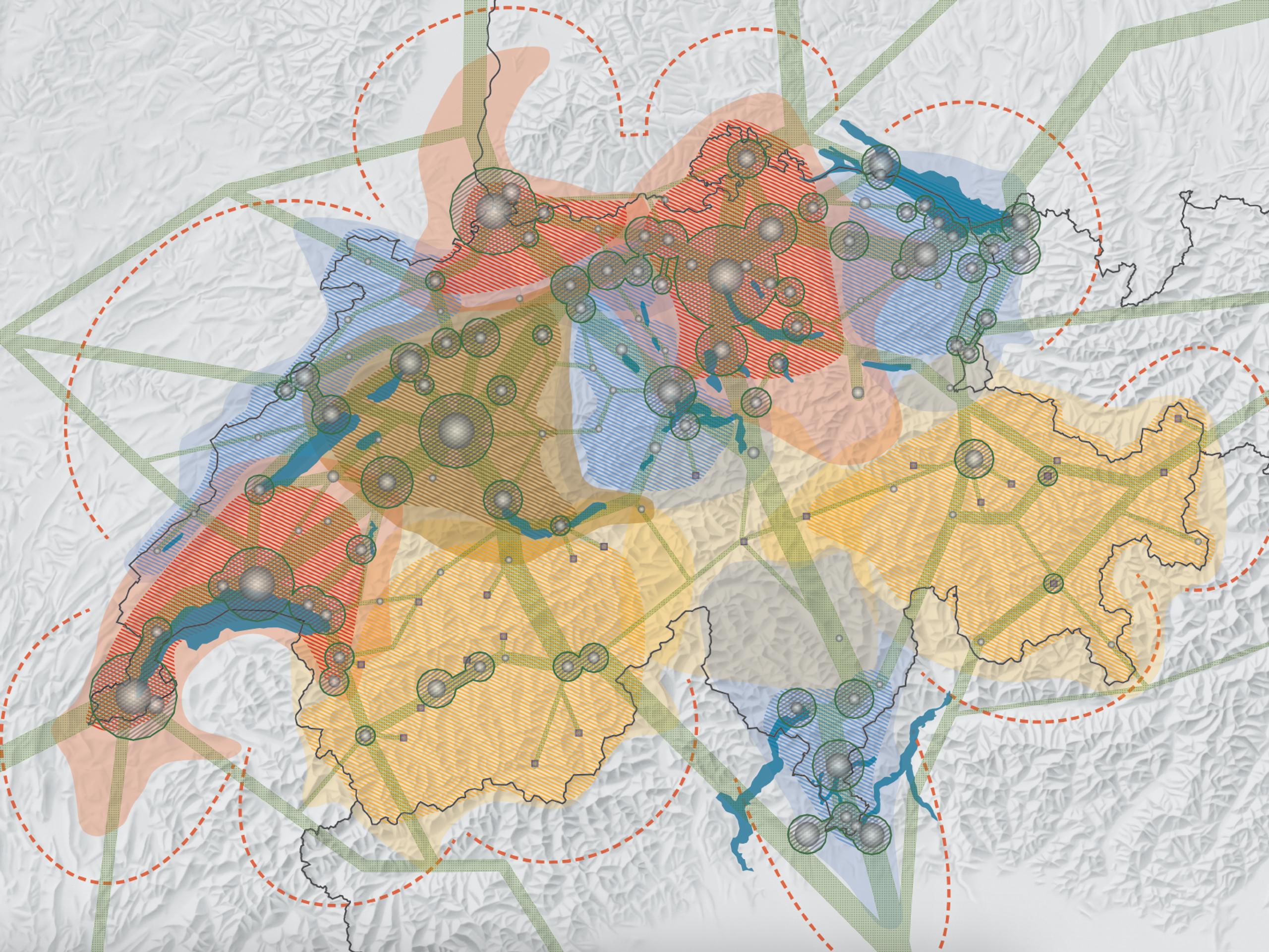 Schweizer Karte mit polyzentrischem Netz von Städten und Gemeinden