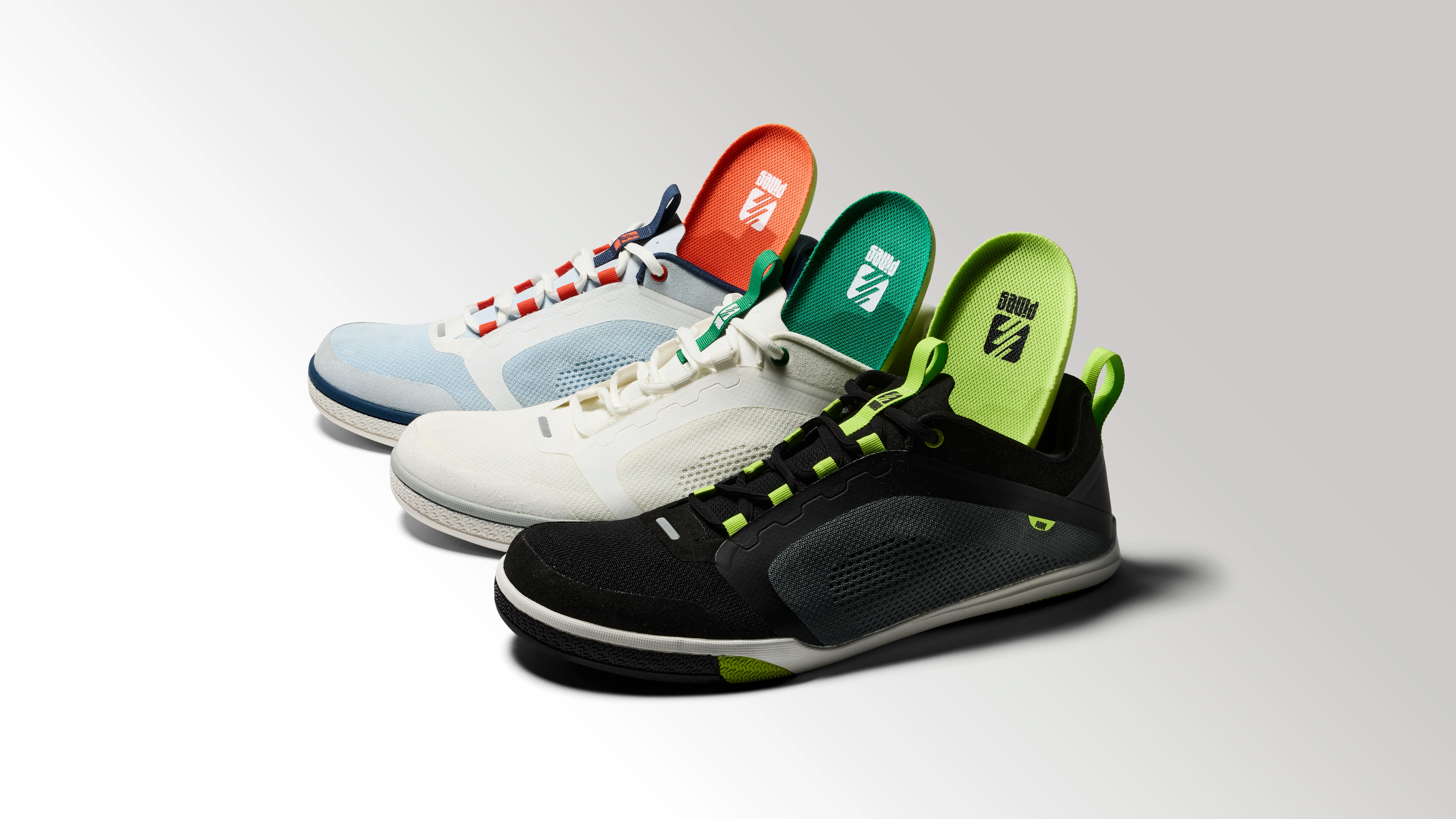 The Atomic Court in three colorways, showing drop-in midsole design.