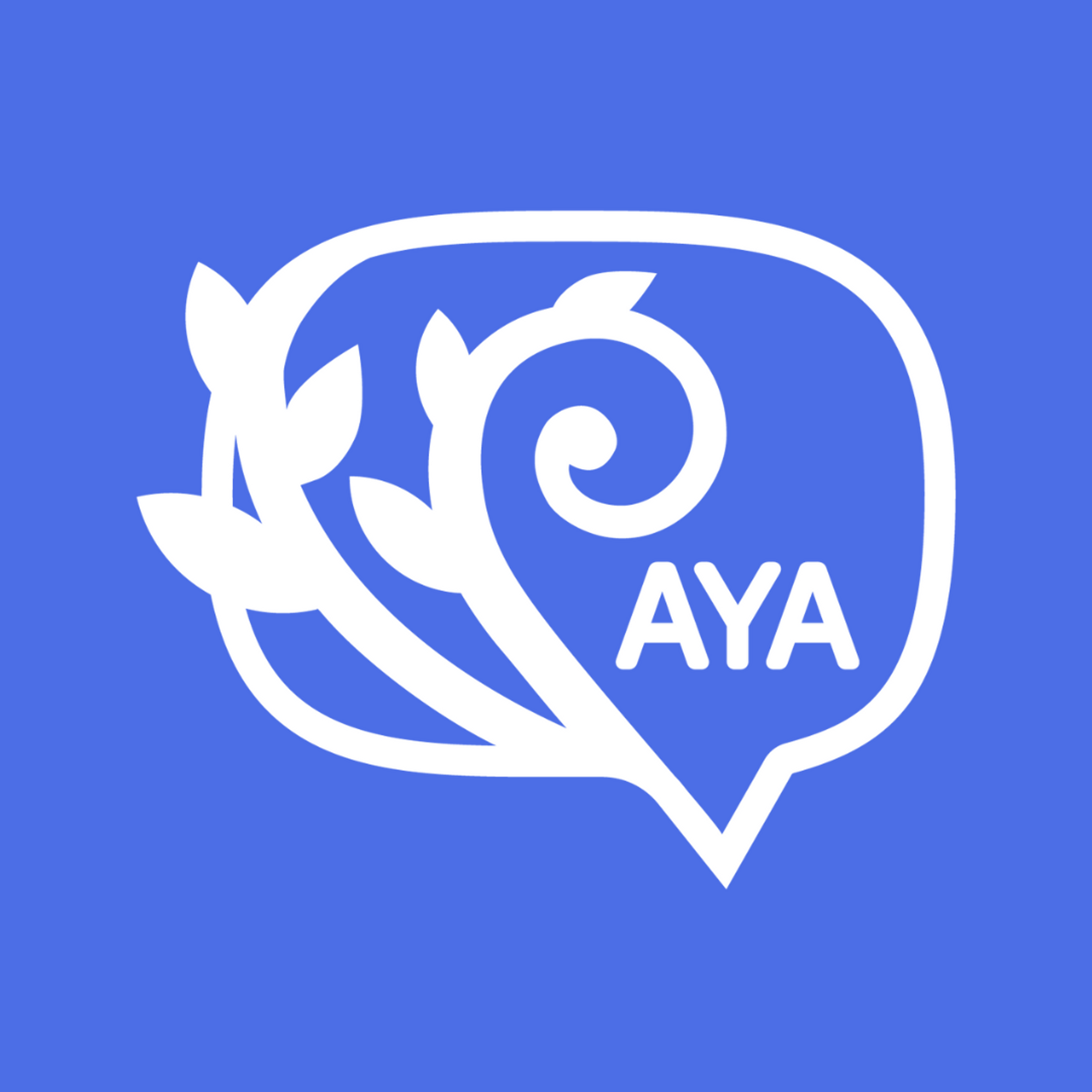 The Aya logo - a speech bubble with a fern growing inside it and the word AYA.
