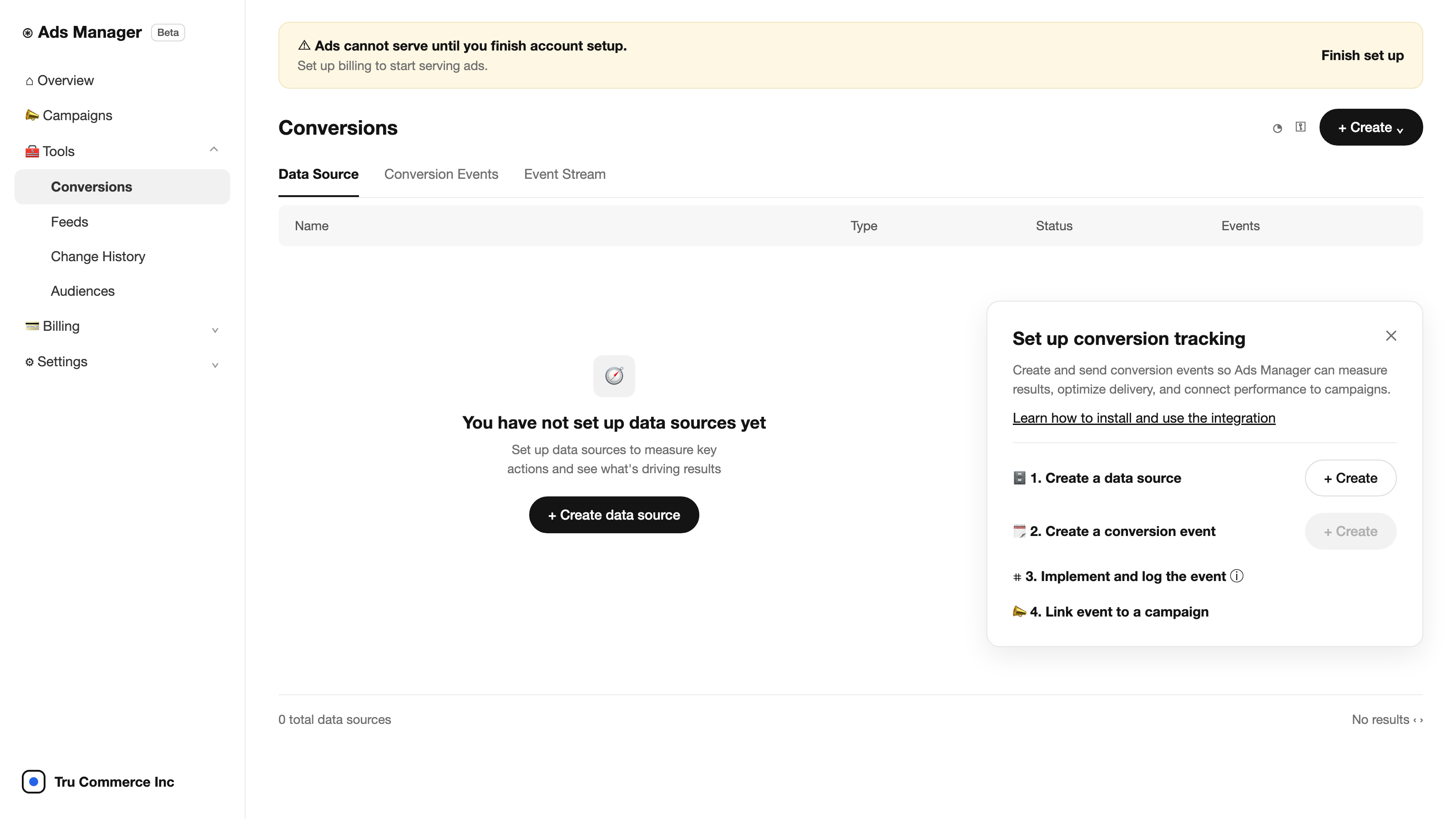 Conversions section in OpenAI Ads Manager showing Data Source, Conversion Events, and Event Stream tabs, an empty data source table, and the four-step set up conversion tracking panel