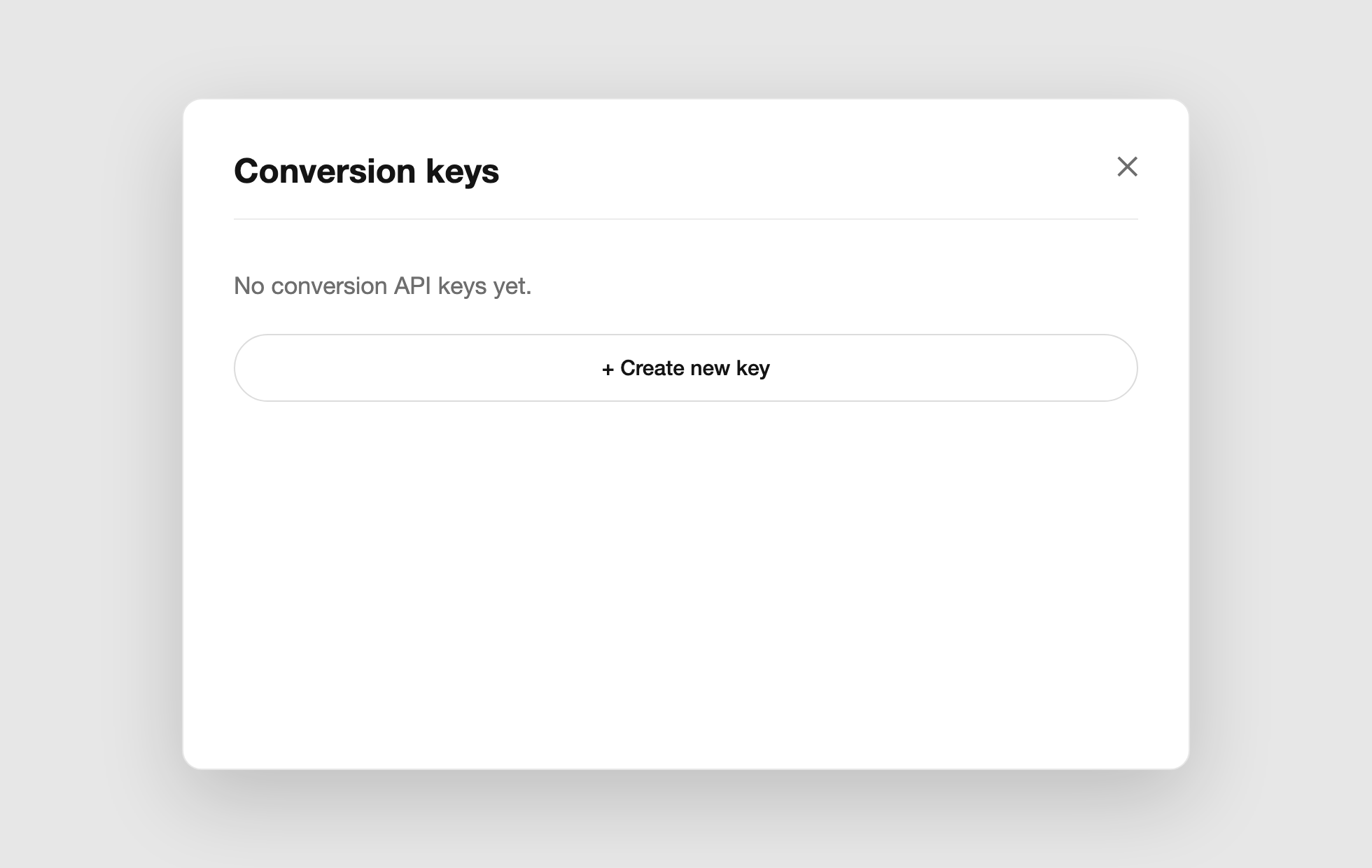 Conversion keys panel in OpenAI Ads Manager showing no conversion API keys yet and a create new key button