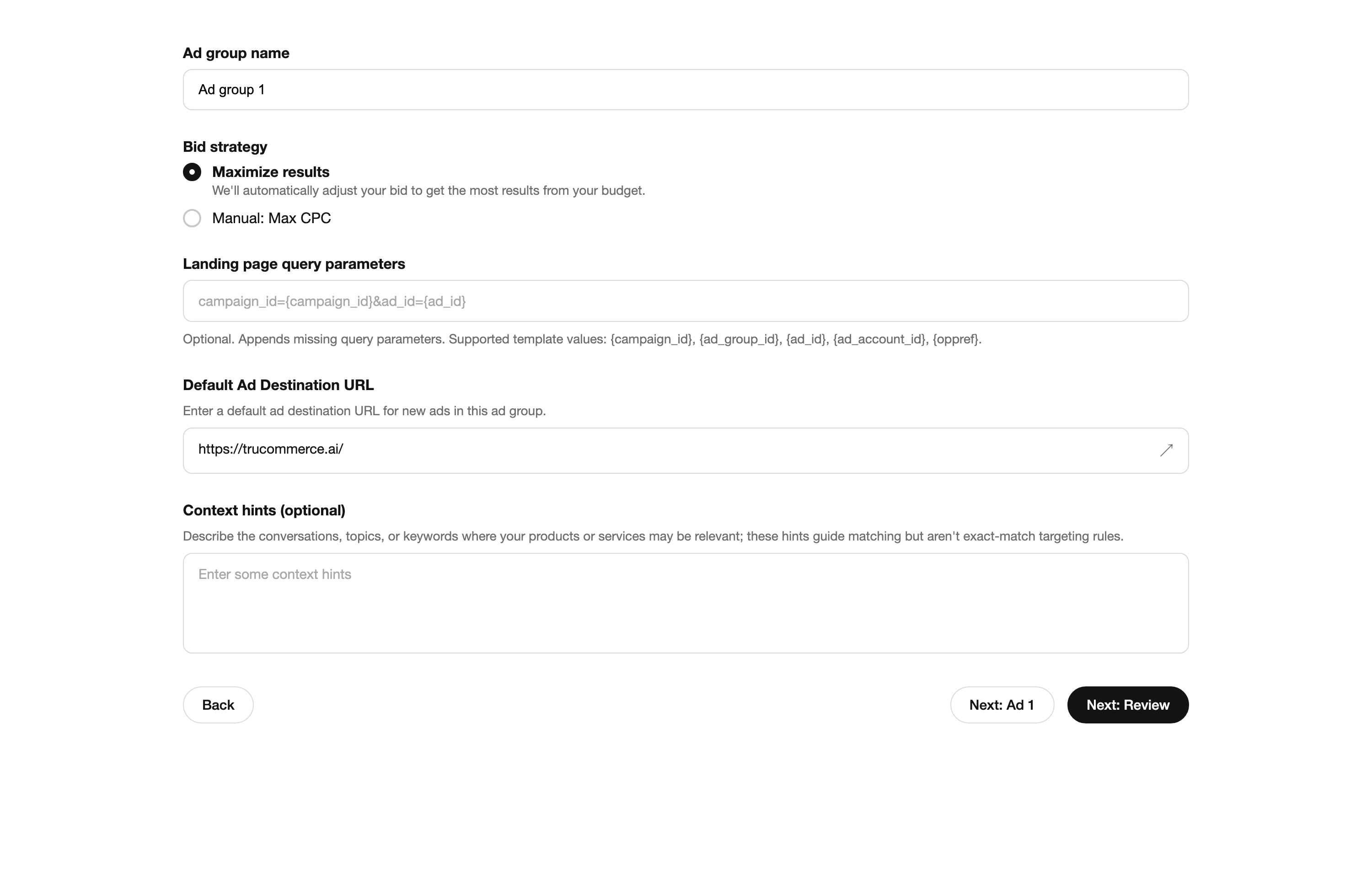 Ad group form in OpenAI Ads Manager with the context hints field and its description: hints guide matching but are not exact-match targeting rules