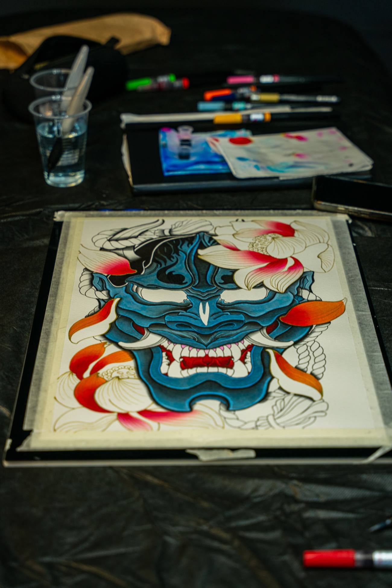 Steve - Hannya flash, studio view, traditional Japanese demon mask in blue and lotus.