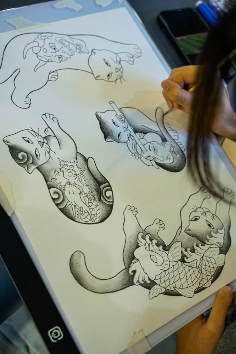 Nekomata flash sheet, five original Japanese cat designs in fineline and greywash. by Mandy