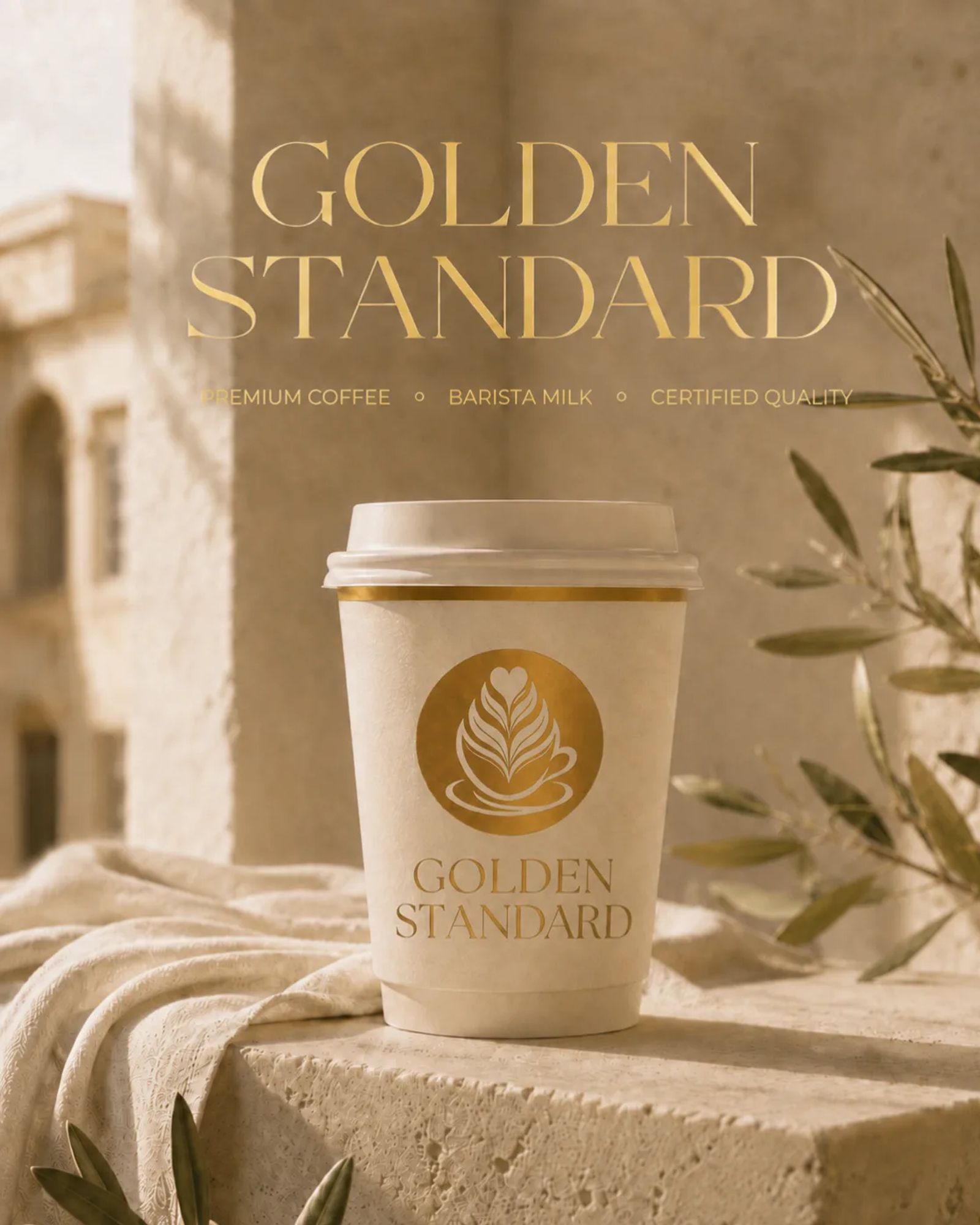Golden Standard šolja za ponijeti — Premium coffee, Barista milk, Certified quality