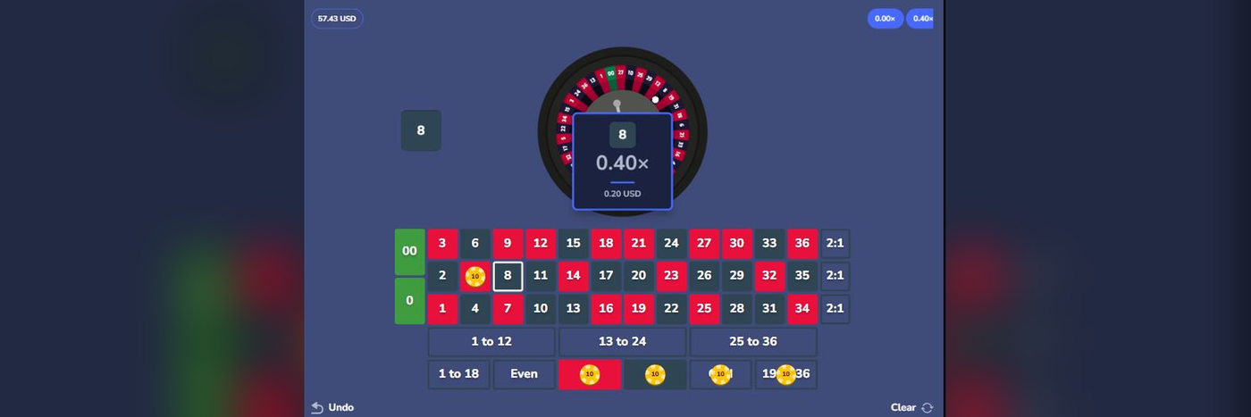 A live American Roulette round on Flush, showing the double-zero wheel and a winning color bet on the number 8