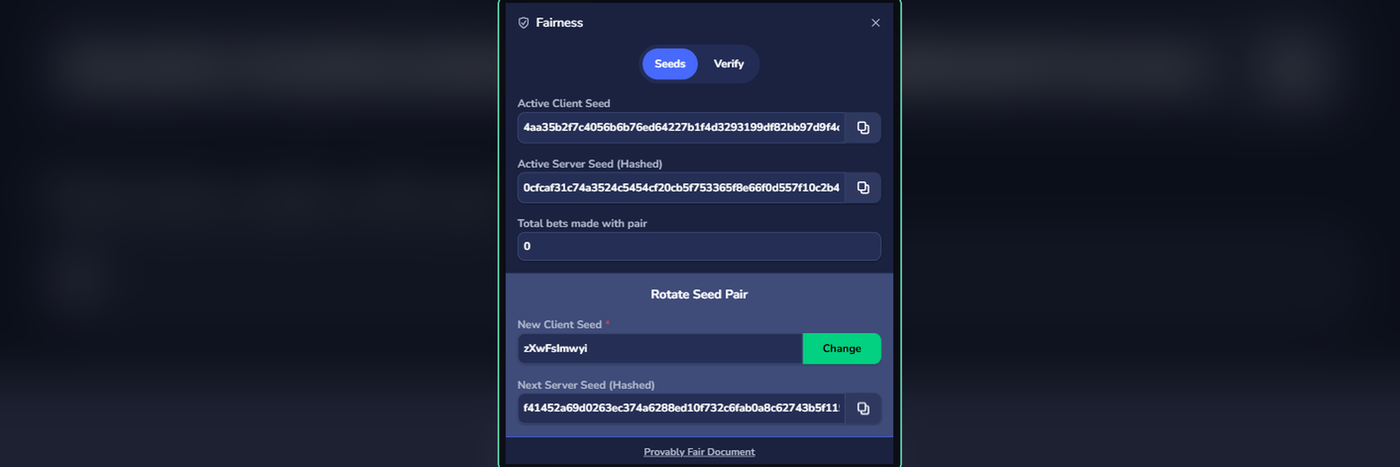 The Fairness panel on Flush, where you can see and rotate your seed pair