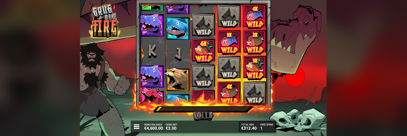 Grug Make Fire free spins round at Flush with five Burnt Wild Multipliers on screen at once, worth 6x, 4x, 3x, 3x, and 2x, for a €312.40 total win.
