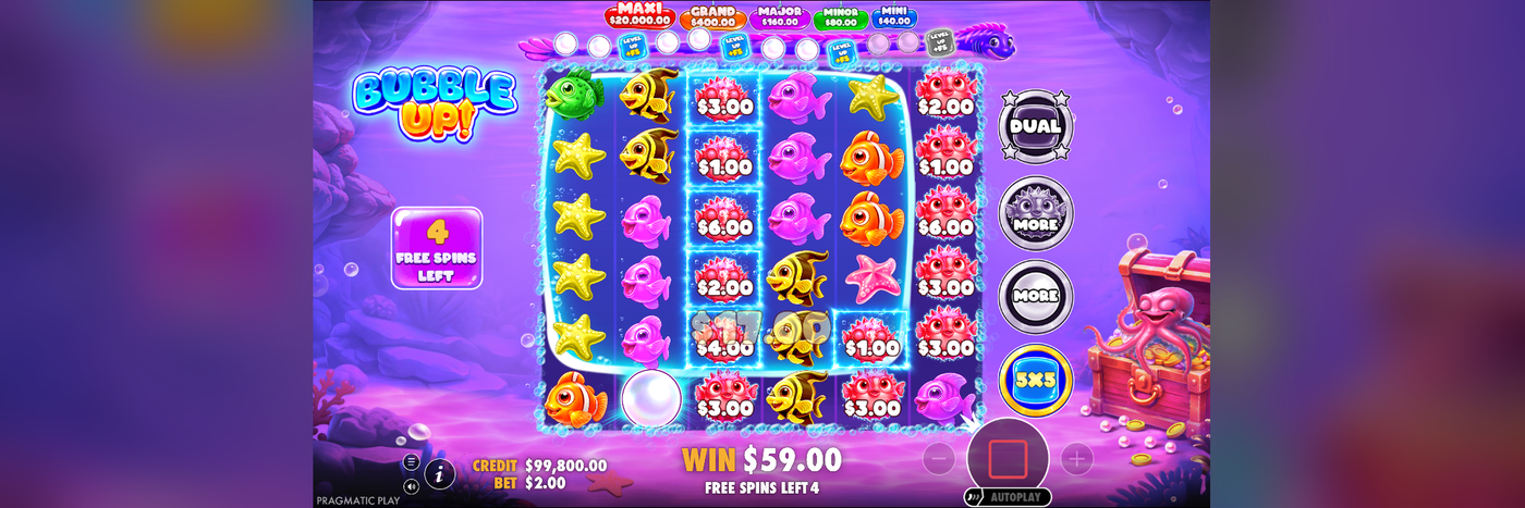  Bubble Up! Free Spins round in progress showing an expanded 3x3 frame, DUAL and LEVEL UP modifier icons highlighted, and 4 free spins remaining 
