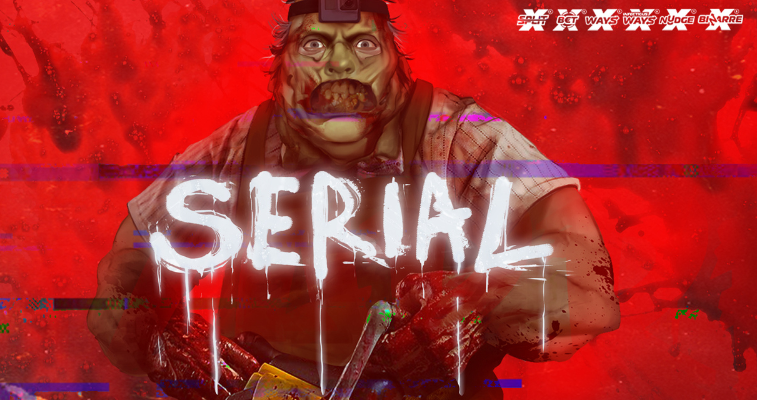 Nolimit City の Serial スロットに登場する殺人鬼キャラクター、殺意に満ちた表情と血のように赤い背景 - Flush