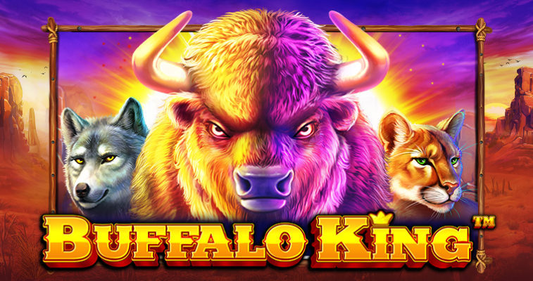 Pragmatic Play の Buffalo King スロットに登場するバッファロー、ピューマ、オオカミのシンボルが描かれたワイルドウェストの風景 - Flush