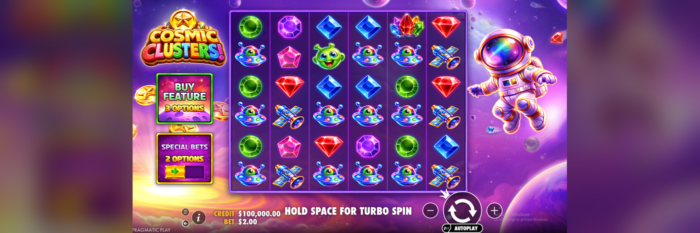  Cosmic Clusters demo base game screenshot showing the 6x6 cluster grid, low and high pay gemstone symbols, the Buy Feature and Special Bets menu, and the astronaut character against the purple nebula backdrop