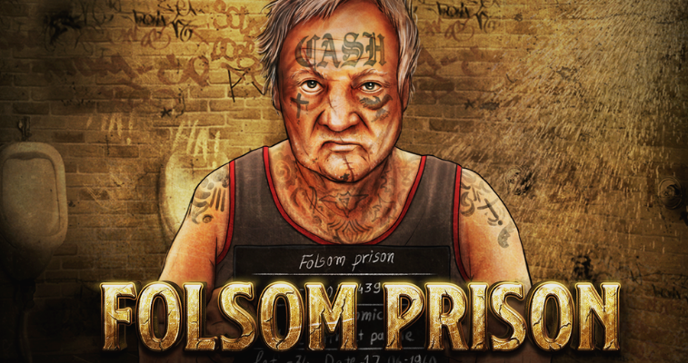 Nolimit City の Folsom Prison スロット、シャワー室で看板を持つタトゥーの囚人とゲームロゴ - Flush