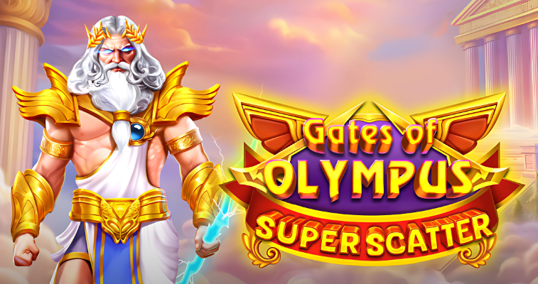 Pragmatic Play の Gates of Olympus Super Scatter スロット、ゼウスとロゴが描かれたメインテーマ - Flush