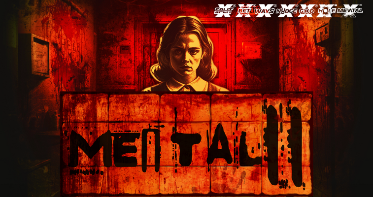 Nolimit City の Mental 2 スロット、不気味な少女とゲームロゴが描かれたおぞましい精神病院の背景 - Flush