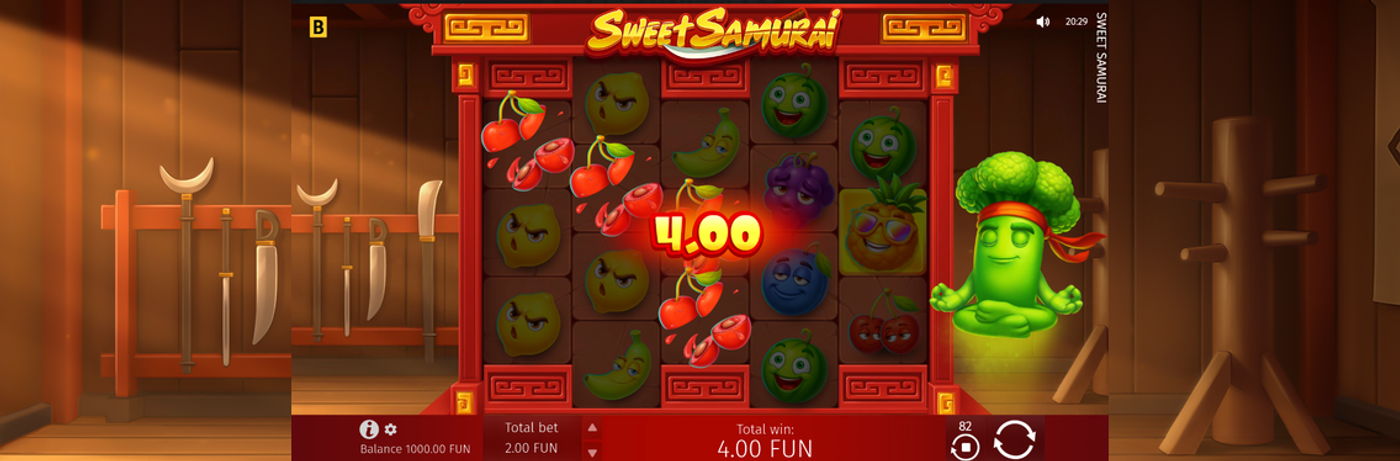 Sweet Samurai Win Slice mechanic active during a spin showing a winning combination with payout displayed