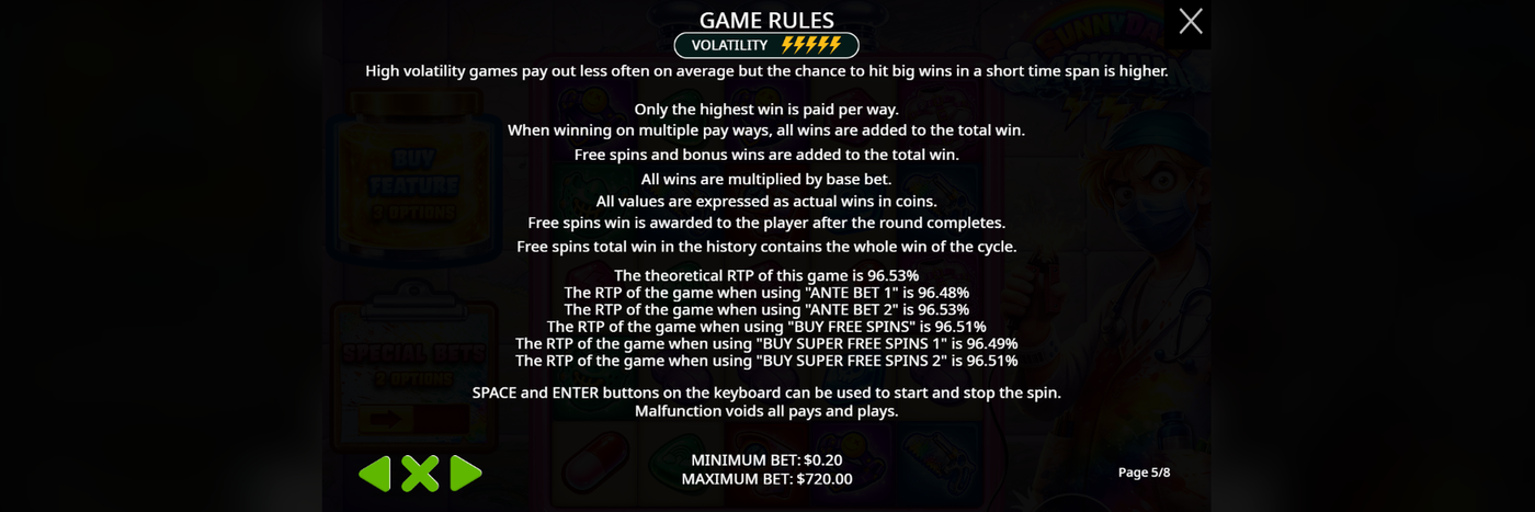 Sunnydaze Asylum Game Rules screenshot confirming High volatility and the theoretical RTP of 96.53%, along with the RTP breakdown for Ante Bet 1, Ante Bet 2, and each Buy Feature mode, plus the $0.20-$720.00 bet range