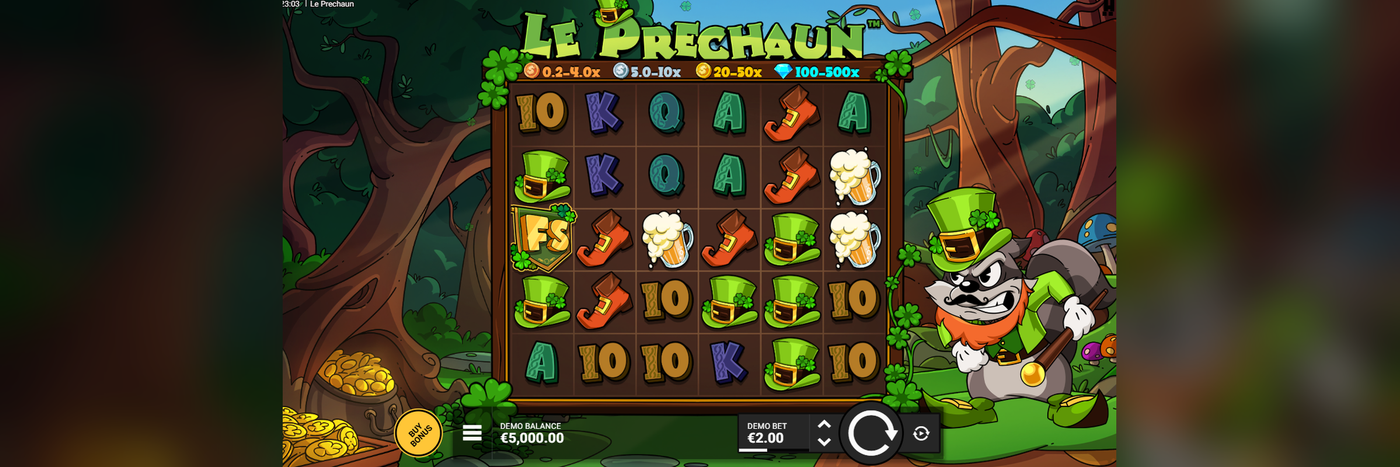 Le Prechaun base game at Flush showing Smokey the raccoon character art against the Irish forest backdrop that frames the 6x5 cluster grid
