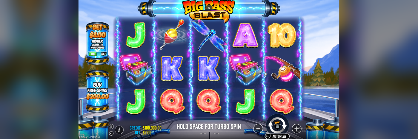 Big Bass Blast base game at Flush showing the 5x3 reel grid, card royals, tackle box and dragonfly symbols, and the Buy Free Spins panel priced at $200.00