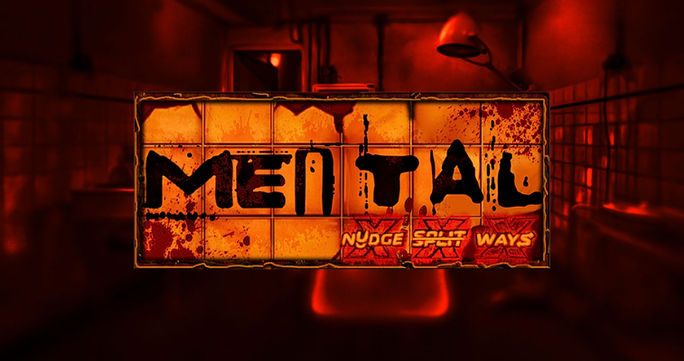 縛り付けられた患者と Nolimit City の Mental スロットのロゴが描かれた暗い精神病院の背景 - Flush