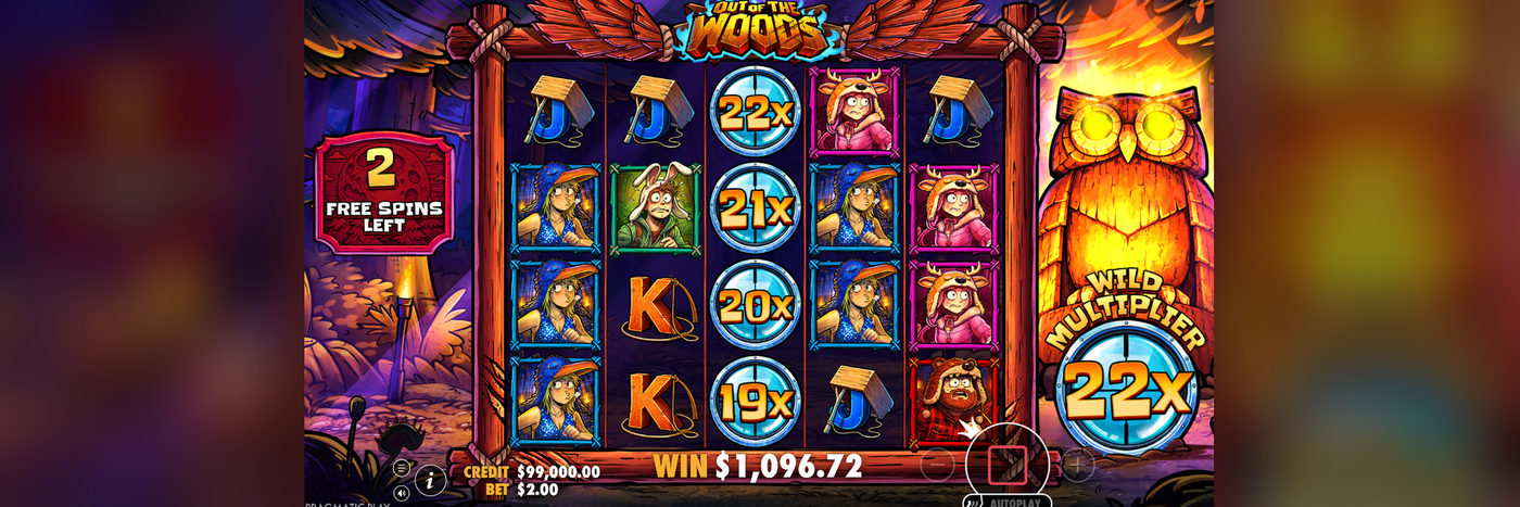 Out of the Woods free spins round at Flush with a Wild Multiplier stack at 22x, 21x, 20x, and 19x producing a $1,096.72 win. 