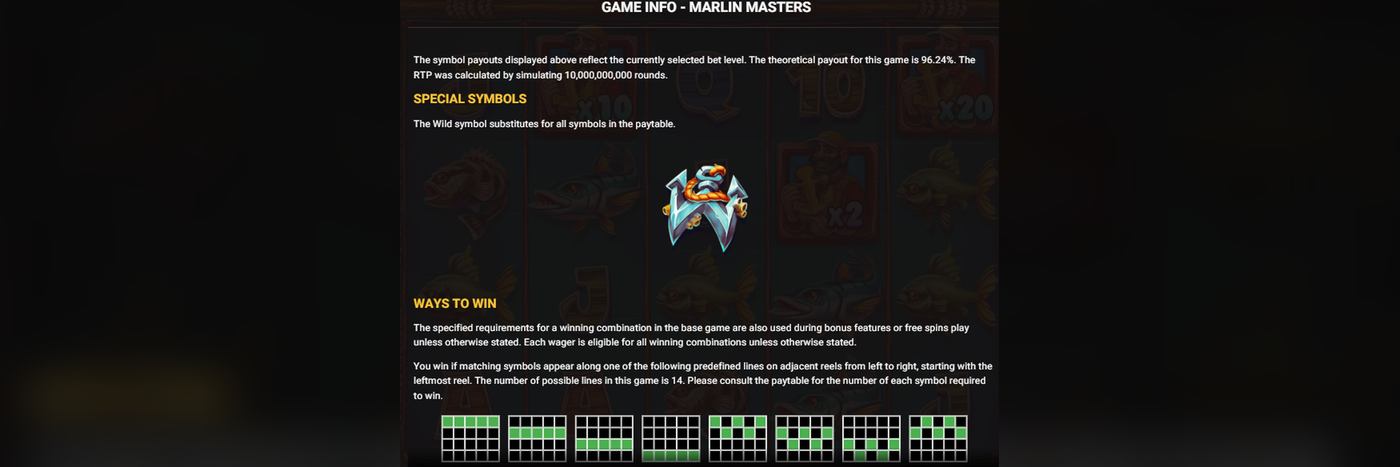 10,000,000,000 라운드 시뮬레이션 기반 이론적 RTP 96.24%를 확인해 주는 Marlin Masters OG Game Info 패널 스크린샷. Wild 심볼과 14라인 당첨 방식 다이어그램이 함께 표시됨