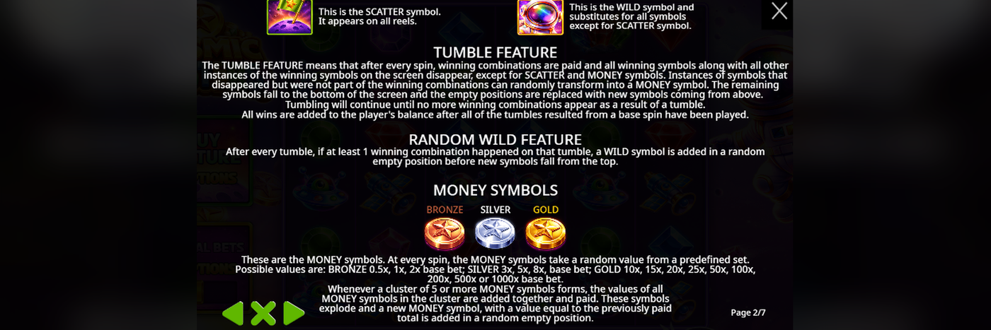 Cosmic Clusters in-game Symbol Payouts screen showing exact cluster values for the gemstone symbols and the three Money Symbol tiers