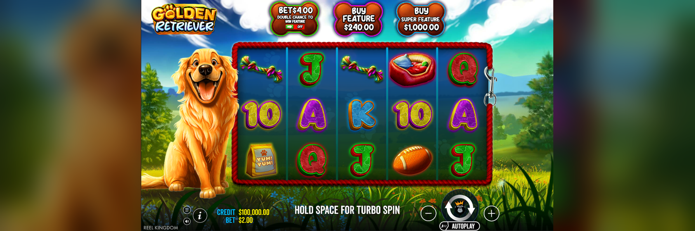 Golden Retriever base game screen showing the 5x3 grid, the paytable symbols, and the Buy Feature button