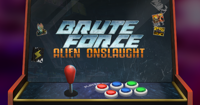 Nolimit City の Brute Force: Alien Onslaught スロットのアーケード風メイン画面とゲームロゴ - Flush