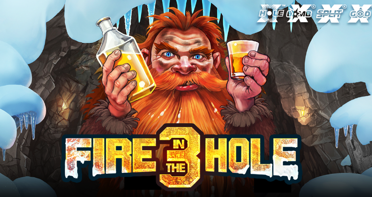 Nolimit City の Fire in the Hole 3 スロット:凍った鉱山にいるメインの鉱夫キャラクターとゲームロゴ - Flush