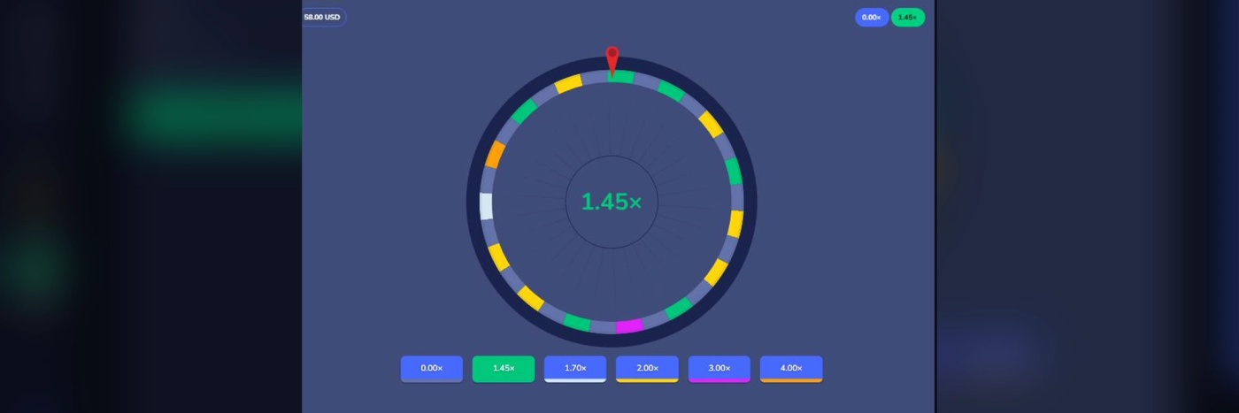 A live Wheel spin on Flush landing on a green 1.45x segment, with the win reflected in the multiplier legend below the wheel