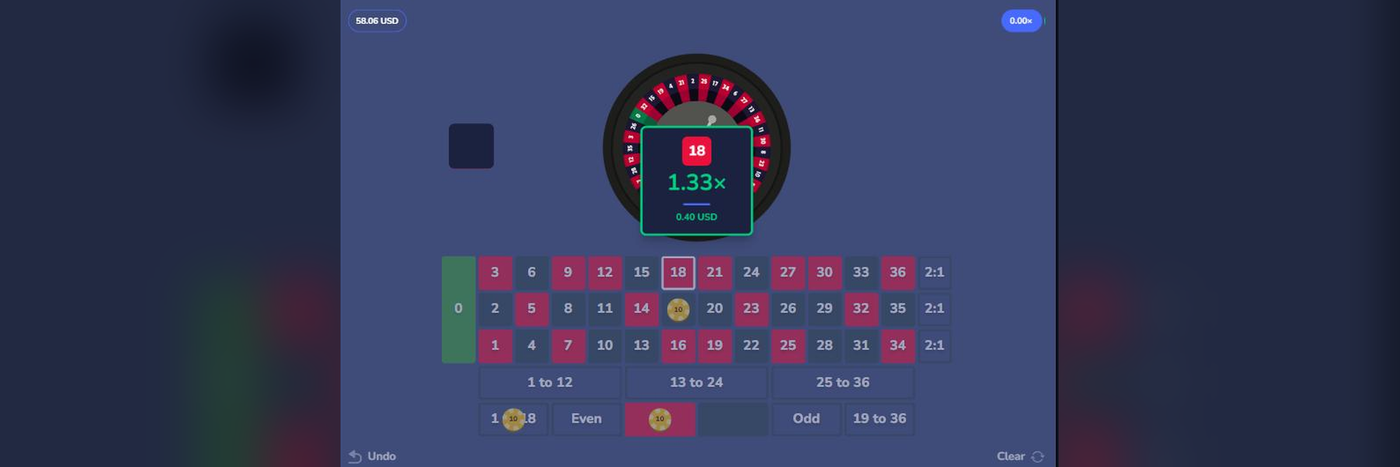  A live Roulette round on Flush, showing the ball landing on 18 with a straight bet, a color bet, and a half bet placed on the table, resulting in a combined 1.33x return
