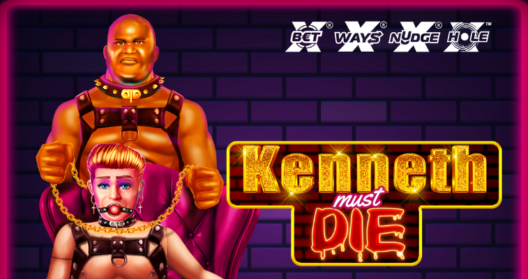 Nolimit City の Kenneth Must Die スロット、椅子に縛られたケネスと背後のワイルド、ロゴ - Flush