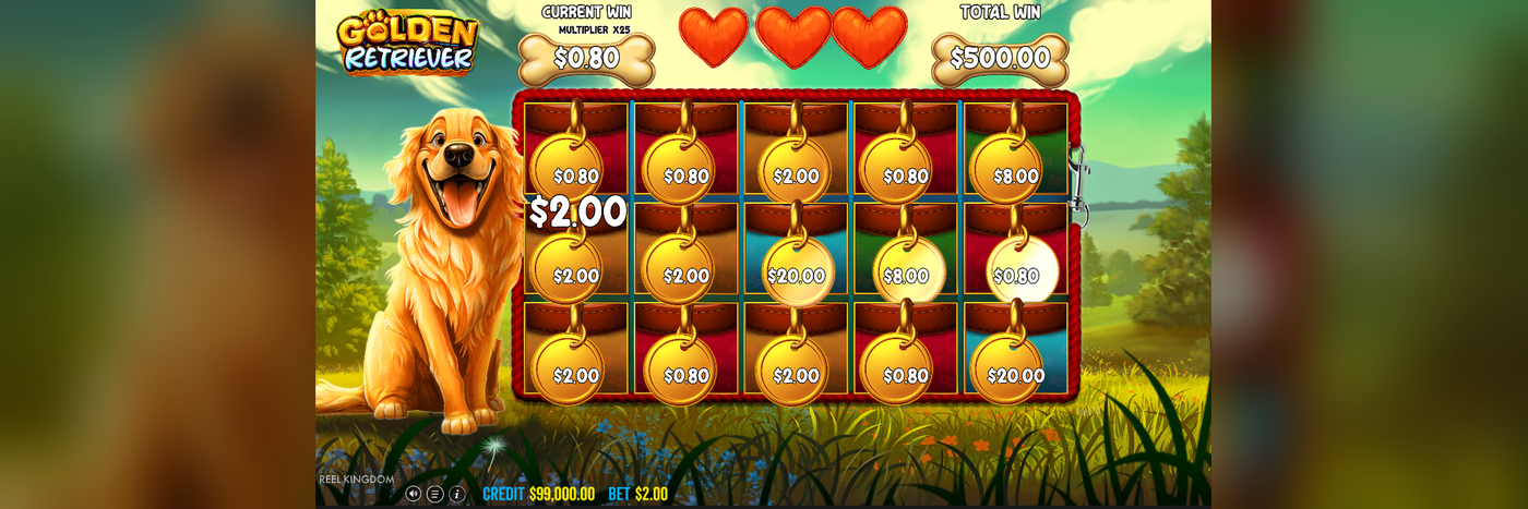 Golden Retriever Hold and Spin bonus screen showing coin symbols with dollar values across a 3x3 filled section of the grid and the reserved multiplier indicator