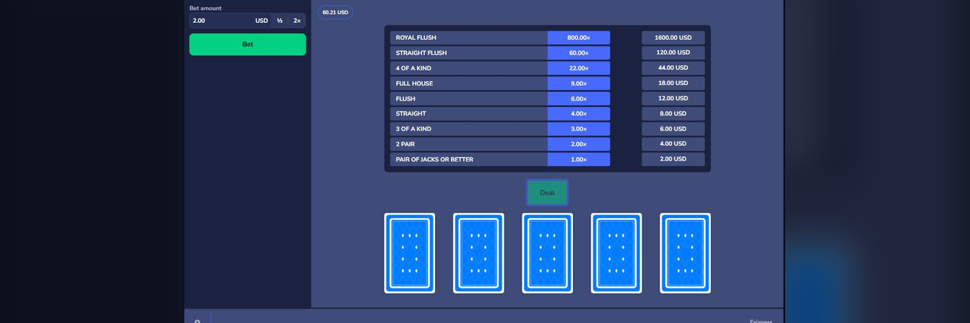 Flush's own Video Poker paytable, confirmed live: a pair of Jacks or better pays 1x stake, climbing to 800x for a Royal Flush, the same fixed table every hand is scored against regardless of how it was held