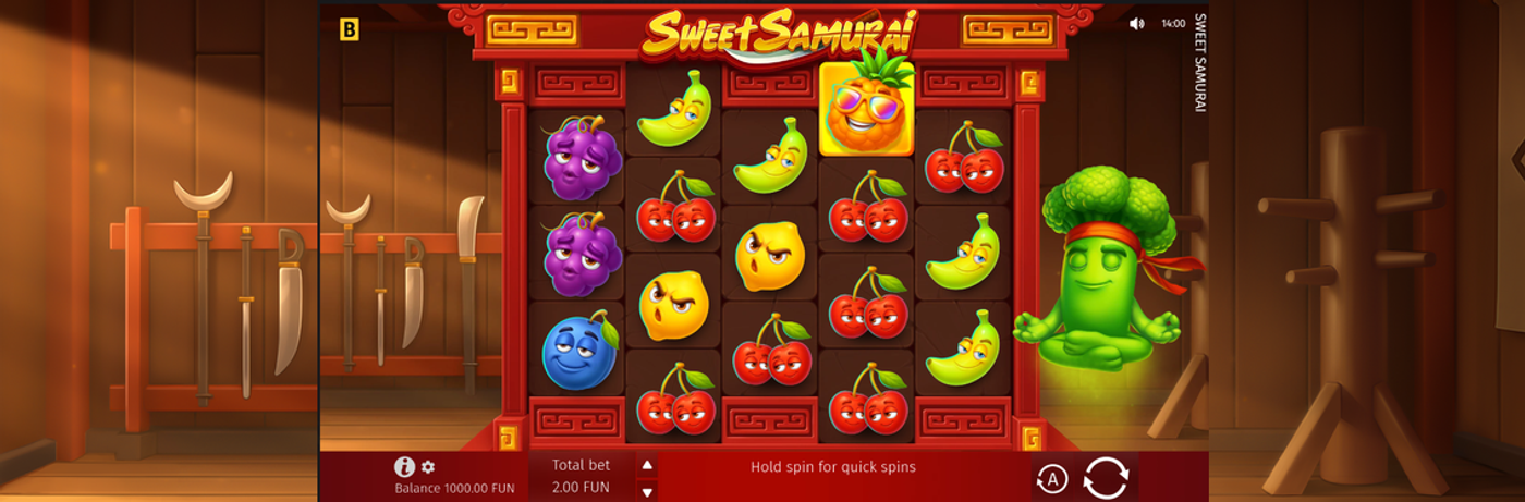 Sweet Samurai slot base game showing the 3-4-3-4-3 reel grid with fruit symbols and the Broccoli Samurai character
