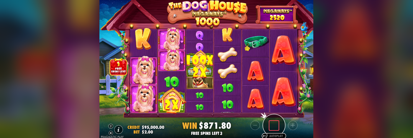The Dog House Megaways 1000 free spins round at Flush with two Sticky Wild multipliers, 100x and 2x, landed next to a Yorkie symbol for an $871.80 win.