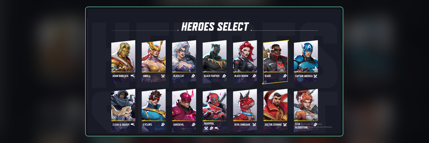 現在プレイ可能なロスターが表示されたMarvel Rivalsのヒーロー選択画面。