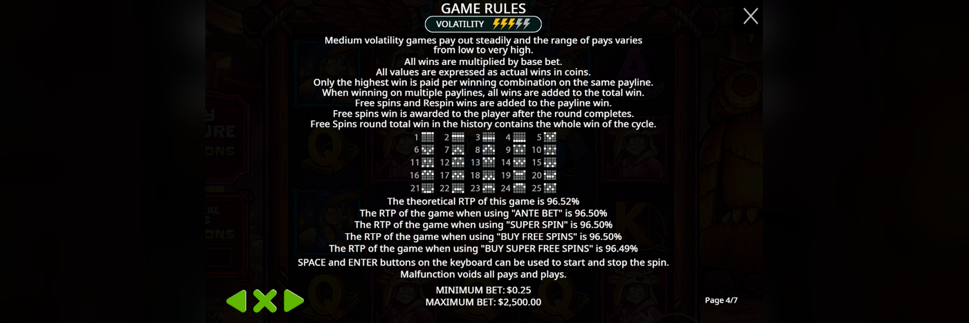 Out of the Woods in-game paytable page confirming Medium volatility and RTP across all five play modes, from 96.49% to 96.52%. 