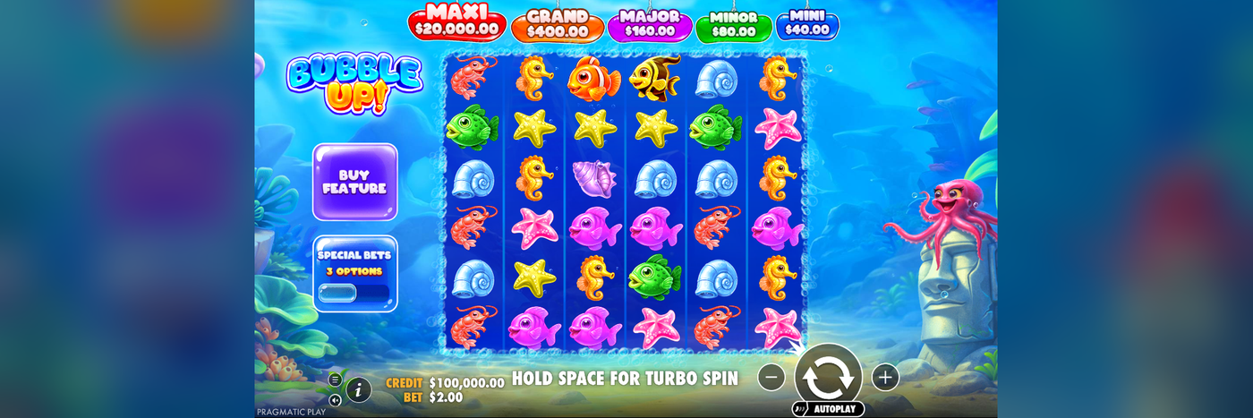 Bubble Up! base game screen showing the 6x6 grid, the jackpot ladder above the reels, and the Buy Feature button