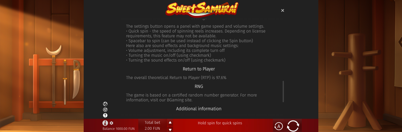Sweet Samurai slot base game showing the 3-4-3-4-3 reel grid with fruit symbols and the Broccoli Samurai charact