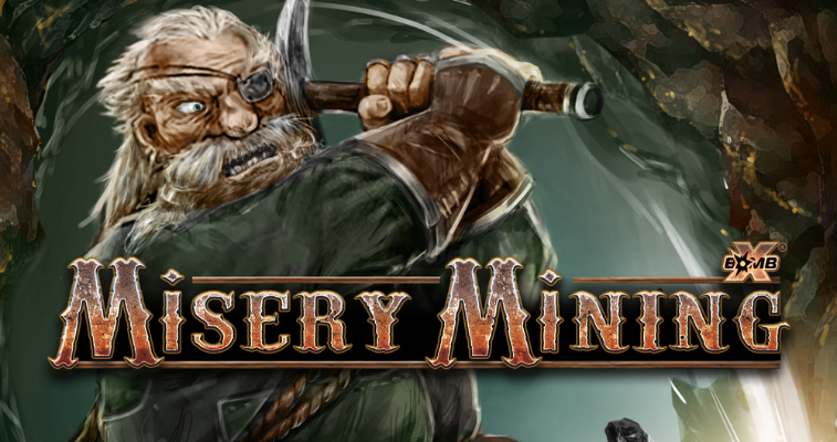 Nolimit City の Misery Mining スロットのメインキャラクター、つるはしを振るうベテラン鉱夫とゲームロゴ - Flush