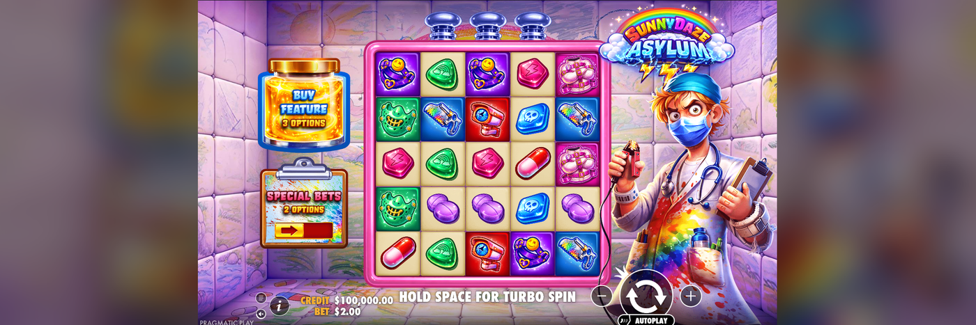Sunnydaze Asylum base game screenshot, showing the 5x5 tumbling grid mid-round with pill, gadget, and slime-face symbols, the Buy Feature and Special Bets panels on the left, and the eerie doctor character on the right