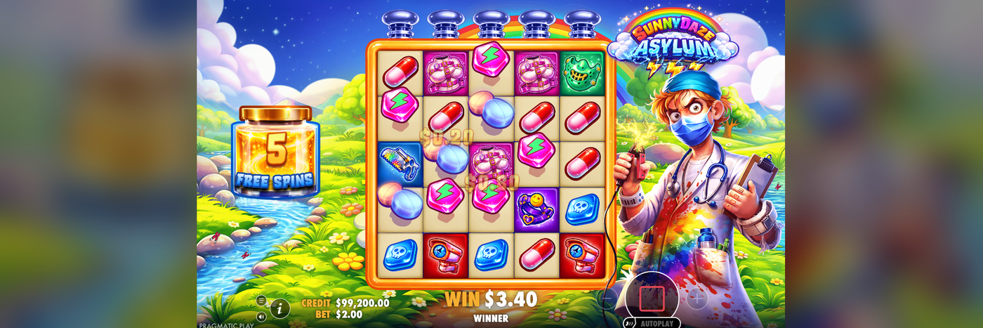 Sunnydaze Asylum free spins screenshot, showing the free spins jar counter reading "5 FREE SPINS" beside the reels and the doctor character mid-animation, captured during an active free spins round