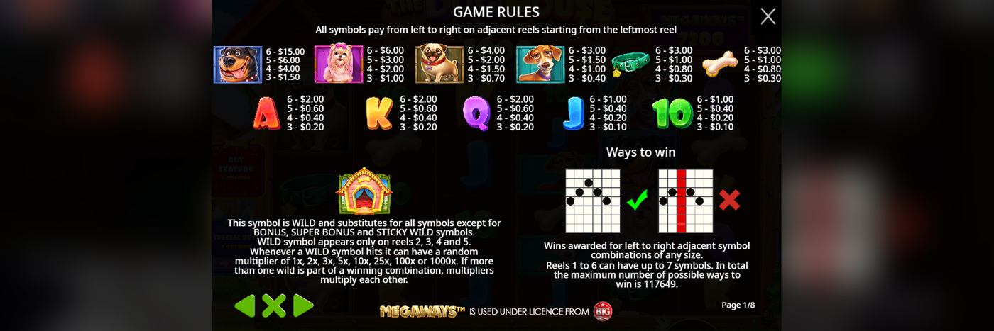 The Dog House Megaways 1000 in-game paytable page confirming exact symbol payouts for the six dog and collar symbols and the five card royals.