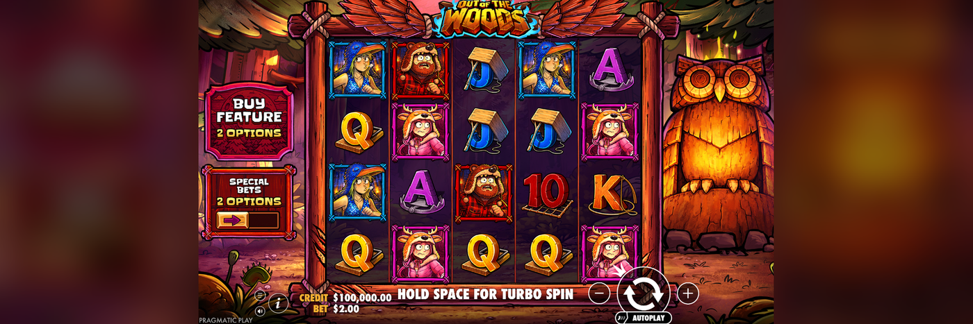 Out of the Woods base game at Flush showing the 5x4 reel grid, character symbols, card royals, and the Buy Feature and Special Bets panels.