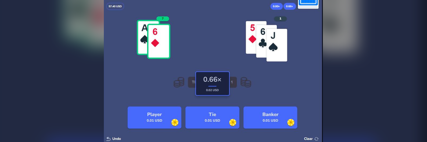 A live Baccarat round on Flush showing a Player hand of Ace and 6 beating a three-card Banker hand, with a combined 0.66x result across Player, Tie, and Banker bets