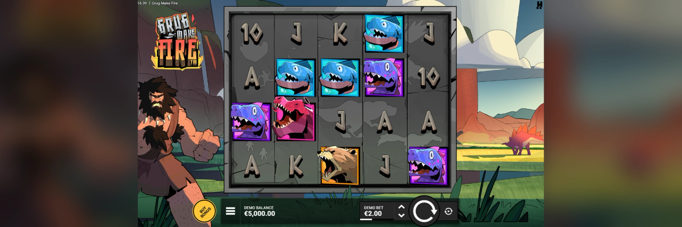 Grug Make Fire base game at Flush showing the 5x4 reel grid, card royals, and creature symbols, with the BUY BONUS button in the bottom left corner. 