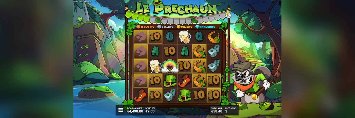 Le Prechaun Arc Adventure bonus demo screenshot showing the Lucky Charm Bar at level 2 of 3, a Rainbow symbol on the grid, and banked Bronze and Silver coin values